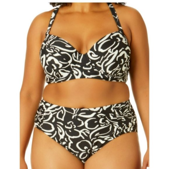 Bikini Swimsuit Mid Rise Cheeky Bottom Black Floral Woman's 3X 24/26 LR111 - Picture 6 of 9